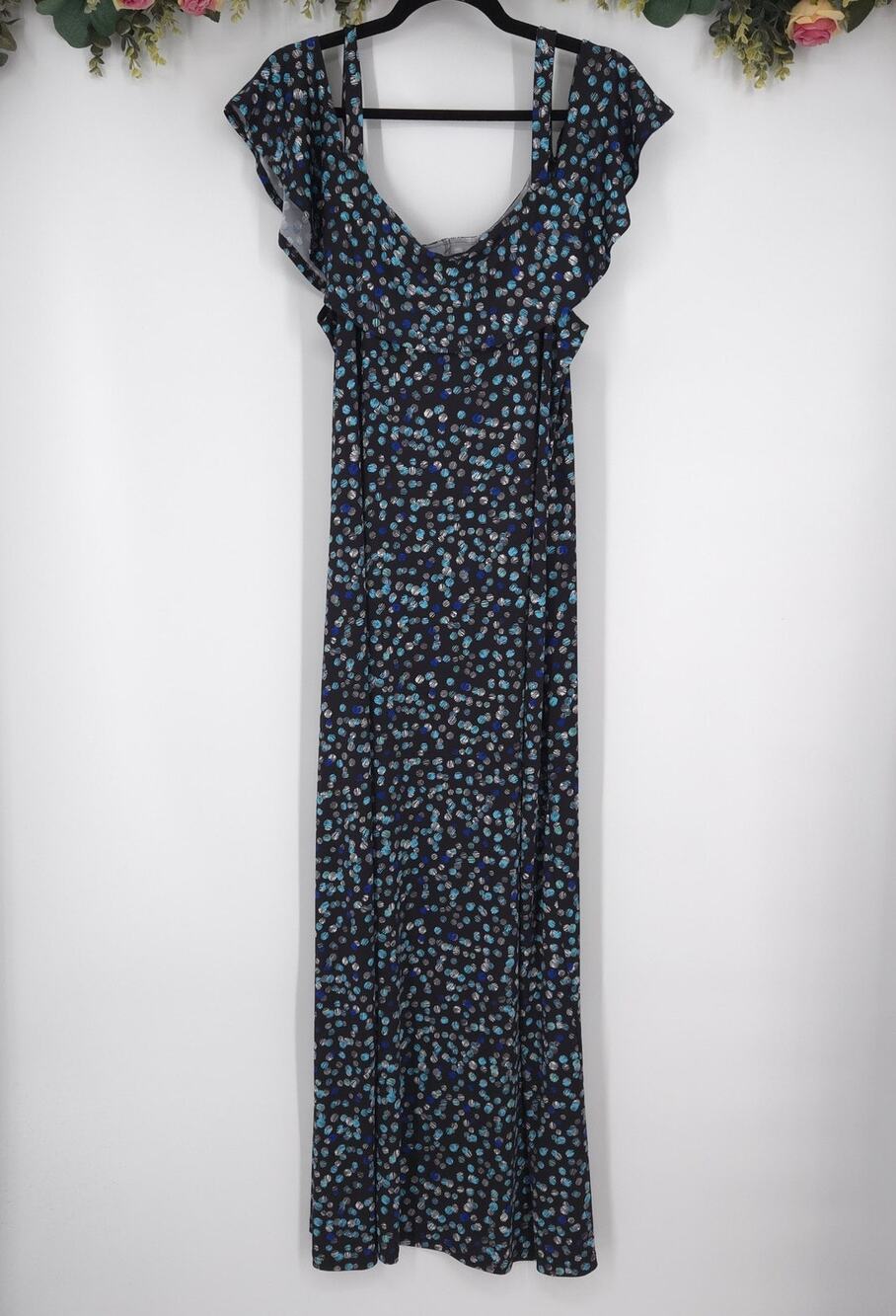 Nina Leonard Black Multi Dot Maxi Dress Size XL NWT
